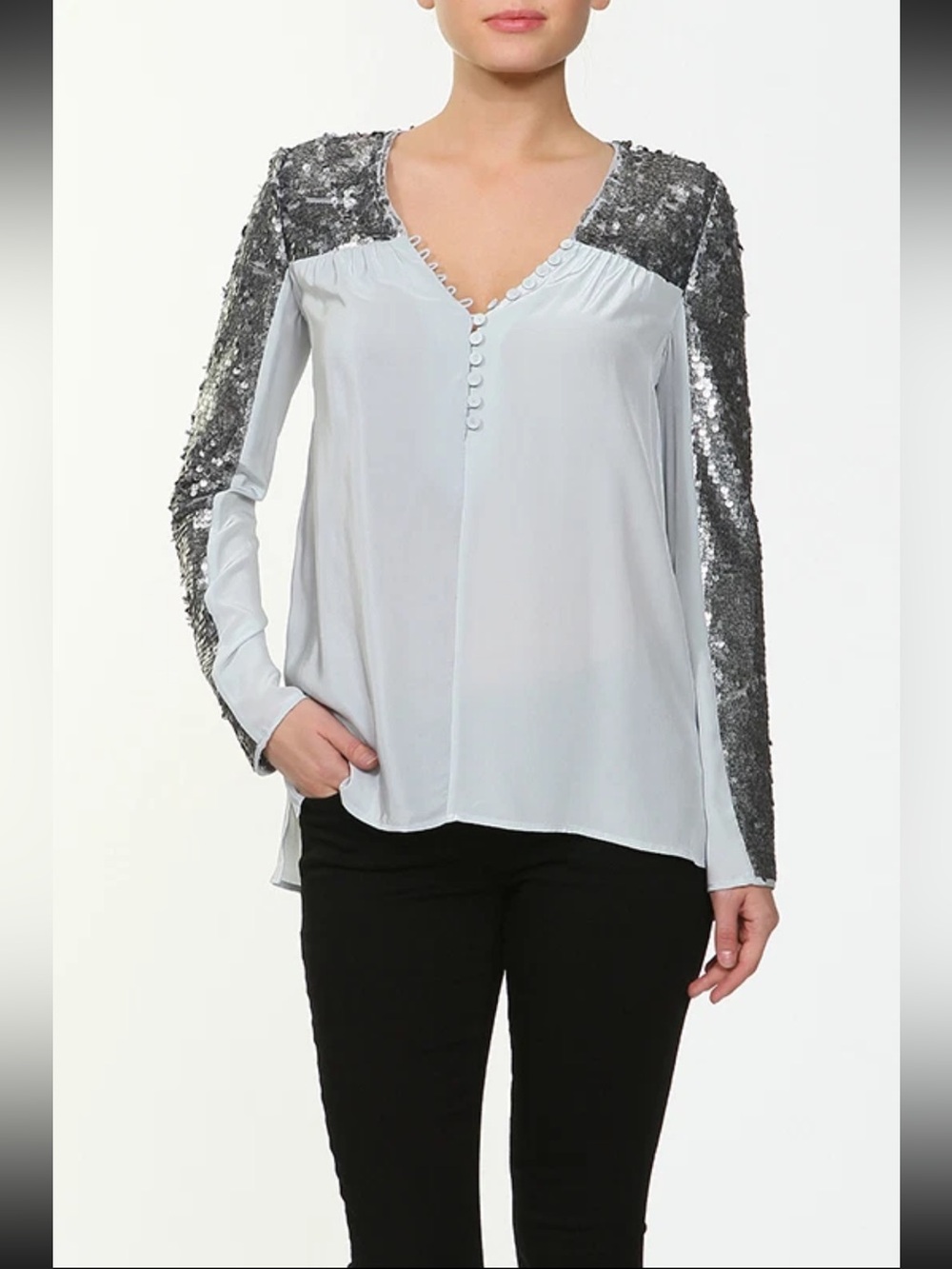 32 BCBGMaxAzria Antonella Sequin Silk Blouse (in Black and Gold Sequins)